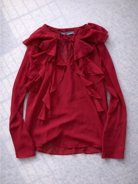 Y2K Coquette Red Ruffled Sheer Blouse Romantic Preppy Flowy Top